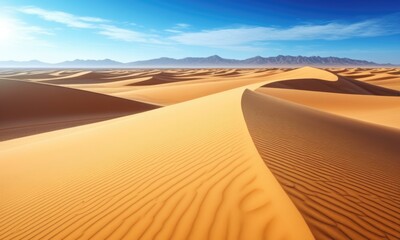 Dunes of golden sand stretch across distant mountains under a clear blue sky in the late afternoon, creating a mesmerizing desert landscape