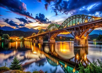 Fototapeta premium Scenic Low Light Photography of the Historic Alexandra Bridge in British Columbia, Canada, Capturing Its Majestic Structure Against the Night Sky and Reflecting River Waters