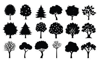 set of different types trees on white background