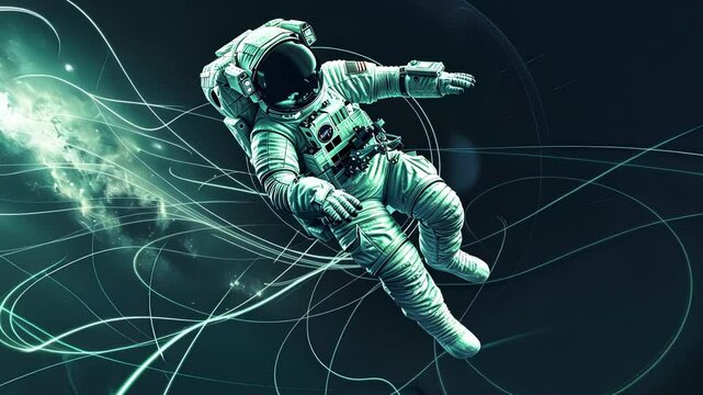 An image of an astronaut floating in space with lines representing the force of gravity being transmitted by gravitons.