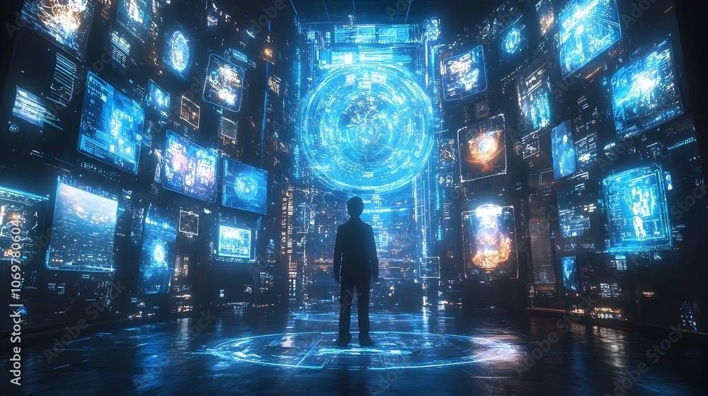 Poster a user wearing a virtual reality headset surrounded by holographic displays and digital interfaces s