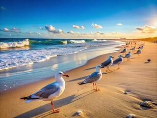 Scenic View of Seagulls Walking on Sandy Beach with Gentle Waves and Clear Blue Sky, Perfect for Coastal and Nature Photography, Inviting Serenity and Tranquility of Ocean Life