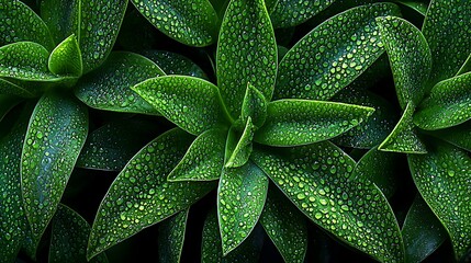 Fototapeta premium Lush green leaves adorned with droplets of water, creating a vibrant and fresh appearance.