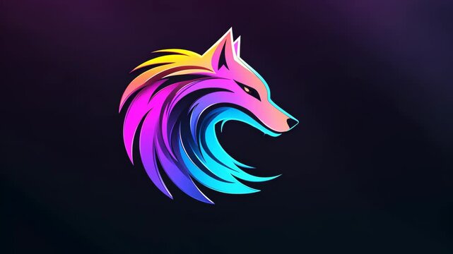 A colorful wolf logo design with a gradient of purple, pink, yellow, and blue against a dark purple background