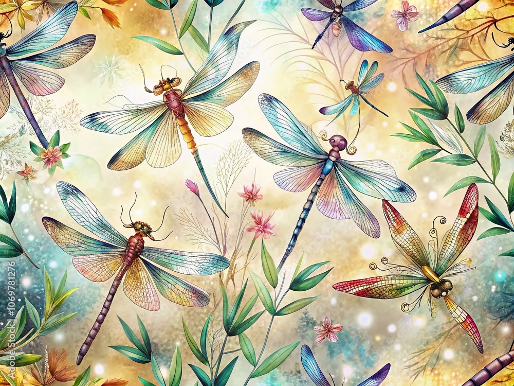 Poster seamless pattern of dragonflies: captivating abstract vector graphics of flying insects with delicat