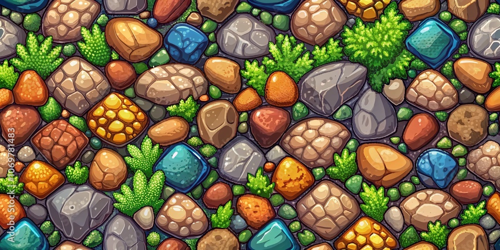 Poster seamless stone texture tile pattern for pixel art games - natural random arrangement of stones in 8-