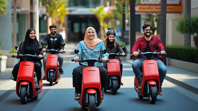 A group of friends from UAE, Malaysia, and Turkey commuting using eco-friendly micro-mobility vehicles, blending sustainable transport with modern urban living