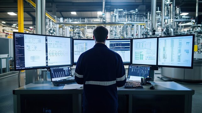 An engineer overseeing a quality assurance process, monitoring real-time data from the production floor on multiple screens.