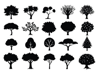 set of different types trees on white background
