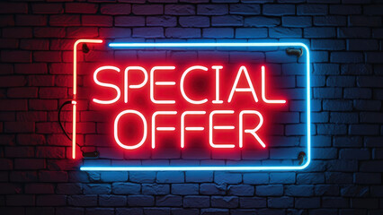 Fototapeta premium Neon-lit advertising sign displaying a Special Offer in a bustling urban street at night, glowing brightly against the dark sky