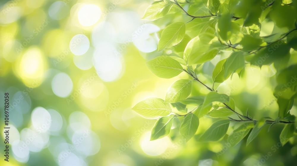 Poster soft-focus background of green tree with sky bokeh effects creating serene dreamy atmosphere. nature