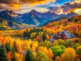 Obraz premium Serene Autumn Mountains in Colorado with Smoke Haze - Captivating Architectural Photography of Nature's Beauty and Tranquility Amidst Colorful Foliage and Atmospheric Conditions