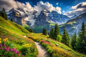 Obraz premium Serene Curved Mountain Hiking Trail Snaking Through the Majestic Swiss Alps Surrounded by Lush Greenery and Majestic Peaks, Capturing the Essence of Nature's Beauty and Adventure