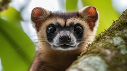 Obraz premium Curious Eyes in the Rainforest: A close-up portrait of a small, brown and black striped mammal with large, dark eyes, peeking out from behind a leafy branch in a tropical rainforest.