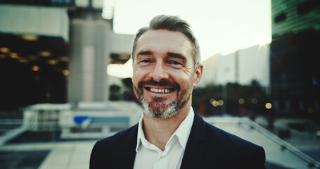 Corporate, smile and portrait of business man in city for consultant, asset management and...