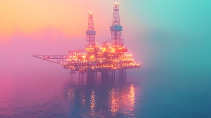 Obraz premium Aerial view of an advanced offshore oil rig showcasing its sophisticated equipment and the surrounding marine environment with a beautiful gradient sky in the background
