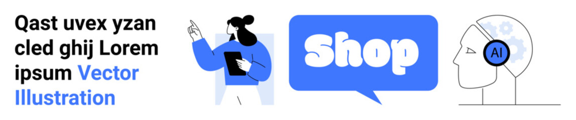 A person is presenting a concept with a pointing gesture a speech bubble with vibrant shop text and an AI head silhouette. Ideal for technology e-commerce education AI and innovation. Banner