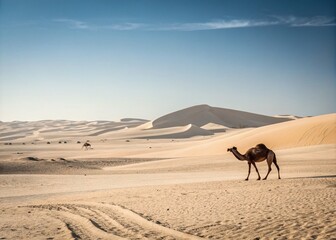 Serene Minimalist Camel in Desert Landscape: A Tranquil Vision of Nature's Beauty, Emphasizing Simplicity and the Graceful Form of the Camel in Its Natural Habitat