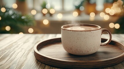 Obraz premium A cozy cup of coffee sits on a wooden tray with a blurred, warm background of twinkling lights and greenery.