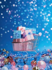 Colorful Christmas Festive Decoration Background with Blue, Pink Gift Boxes on a Shopping Cart or Basket, with Blue Bokeh, Minimalist Winter Holiday and New Year Celebration Concept and Copy Space