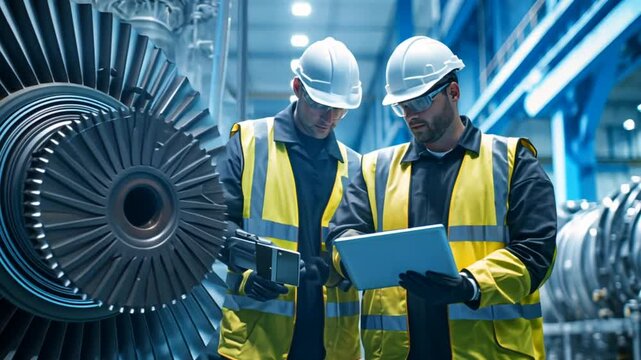 Happy industrial workers in white hardhat and protective vest looking at digital tablet. working