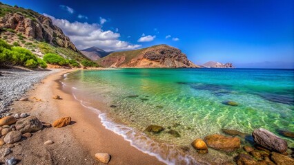 Serene Minimalist Scene at Stavros Beach: Tranquil Waters and Soft Sands Under a Clear Sky, Perfect for Capturing the Essence of Coastal Serenity and Natural Beauty