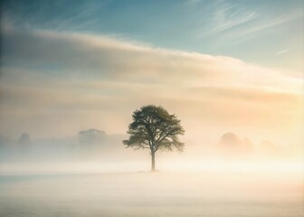 Fototapeta premium Serene Minimalist Trees in Foggy Landscape – Tranquil Nature Scene Evoking Calmness and Simplicity