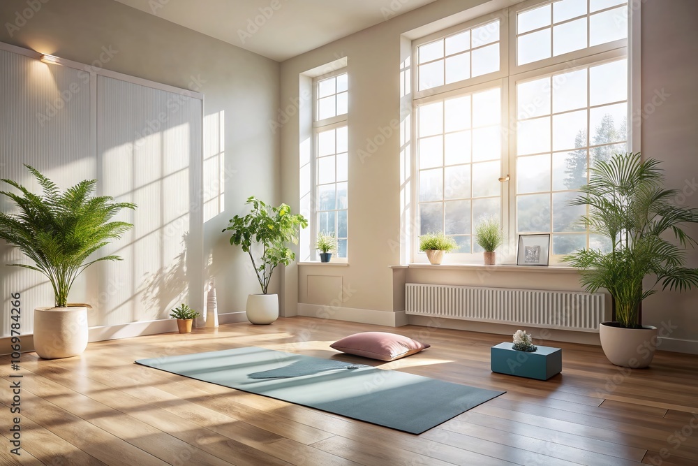 Poster serene morning yoga practice in a minimalist setting with soft natural light filtering through a win