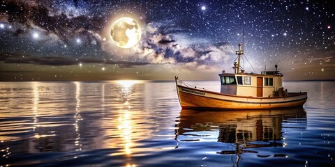 Fototapeta premium Serene Night Photography of a Small Fishing Boat on Calm Waters Under Starry Sky with Reflections, Illuminated by Moonlight, Capturing Tranquility and Nature's Beauty