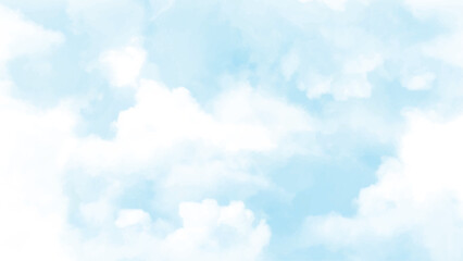 Clouds and sky watercolor vector illustration. Bright Blue Sky and Soft Cumulus Clouds Background.