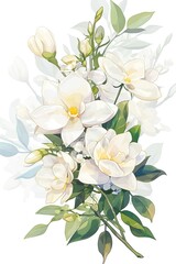 Obraz premium White Gardenia Flowers and Green Leaves Illustration