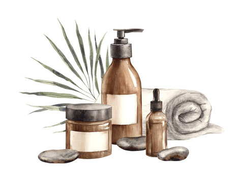 Natural cosmetics, bottle with dispenser, cream, serum or oil. Watercolor illustration on spa theme with stones and terry towel. For cosmetics branding, spa salons, packaging, beauty and health blogs