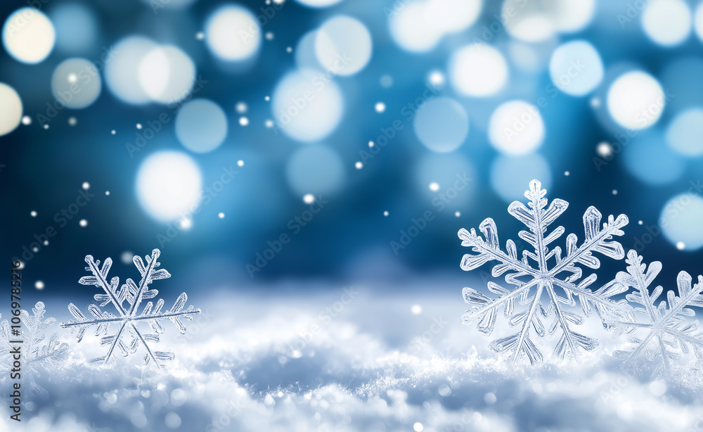Poster close-up of a delicate snowflake with a bokeh background of winter lights in blue tones.