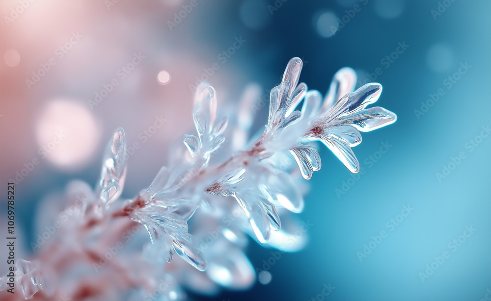 Poster close-up of a delicate snowflake with a bokeh background of winter lights in blue tones.