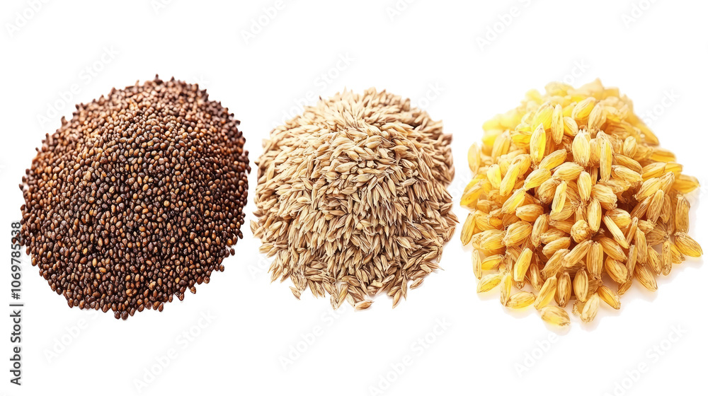 Poster collection of malt grains isolated on a transparent background generative ai