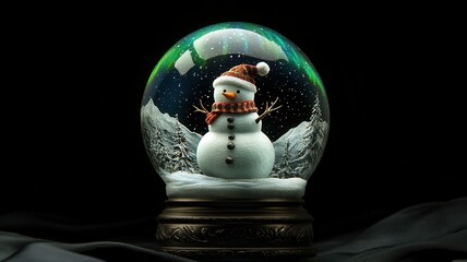 Christmas decorative empty glass snow globe and Aurora in black blackground, podium with snowman,christmas tree,pine cone,white snowdrift under transparent dome, glow garland,Xmas greeting.