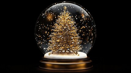 Christmas decorative empty glass snow globe and Aurora in black blackground, podium with snowman,christmas tree,pine cone,white snowdrift under transparent dome, glow garland,Xmas greeting.