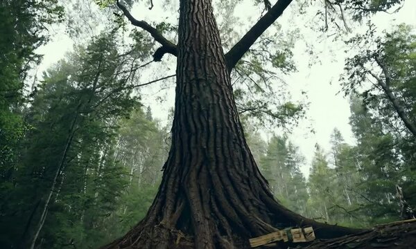 A huge tree in the middle of the forest seen from below, waiting to be cut down. Generative AI