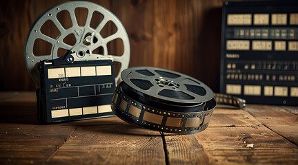 Vintage Movie Reel and Film Strips Laid Out on a Wooden Table with a Classic Film Editing Tool