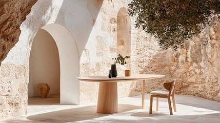 Cozy hygge and furniture concept. A serene, minimalist interior featuring a wooden table, chair, and potted plant against a light stone backdrop with arched architectural details.