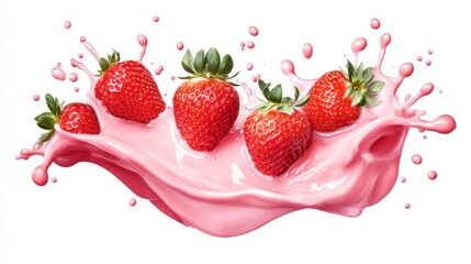 Strawberries splashing into a creamy white mixture, isolated on a white background - 3D render.