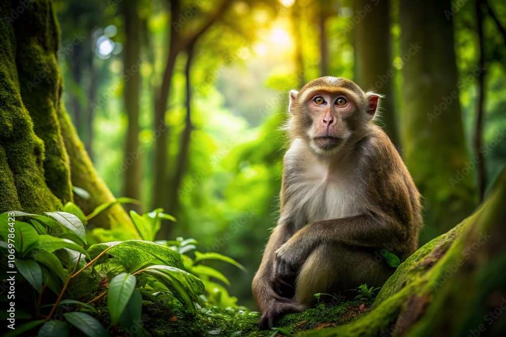 Poster serene wilderness: a monkey in solitude against a tree in the heart of the jungle, capturing the ess