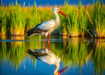 Serene White Stork in a Tranquil Pond Surrounded by Lush Greenery Captured from Above in Stunning Drone Photography, Showcasing the Beauty of Nature and Wildlife