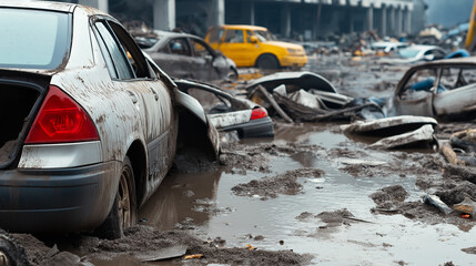 Flooded urban street with abandoned cars submerged in muddy water, representing disaster and climate crisis.