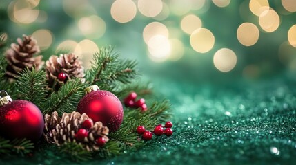 Fototapeta premium Festive green holiday background with Christmas theme