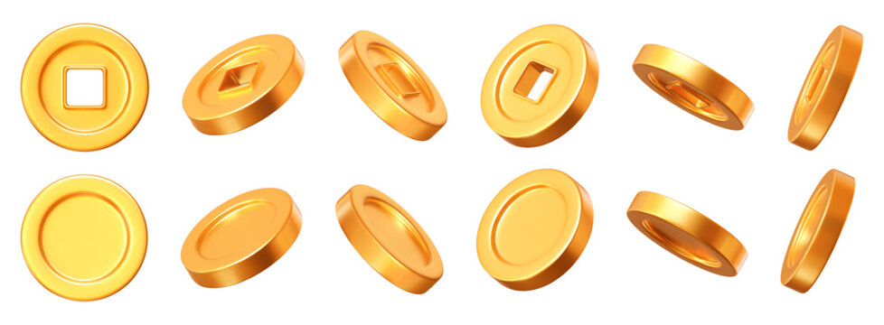 3d set of Ancient old gold coins of China, with square hole. Design element for Chinese New Year. Stock vector illustration on isolated background.