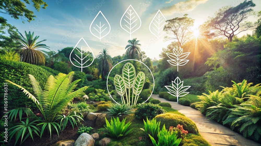 Poster set of line icons representing various types of plants in a minimalist landscape setting, perfect fo