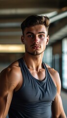 Obraz premium Muscular young man in a dark tank top standing indoors, looking confident.
