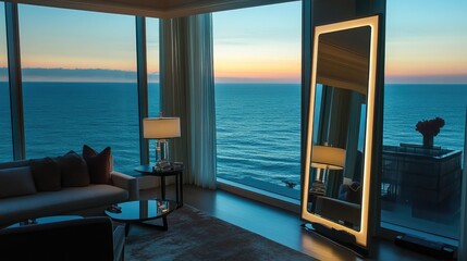 Fototapeta premium Modern Living Room with Ocean View at Sunset