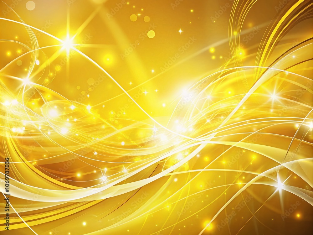 Poster shiny yellow abstract background with swirling patterns and glowing white lines perfect for graphic 